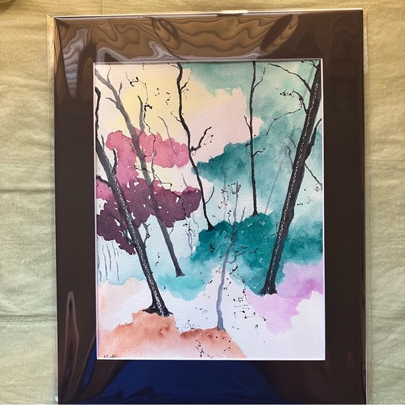 Watercolor Semi Abstract Landscape Wall Art Framed in Acid Free Art Kit, 11x14" - Picture 2 of 5
